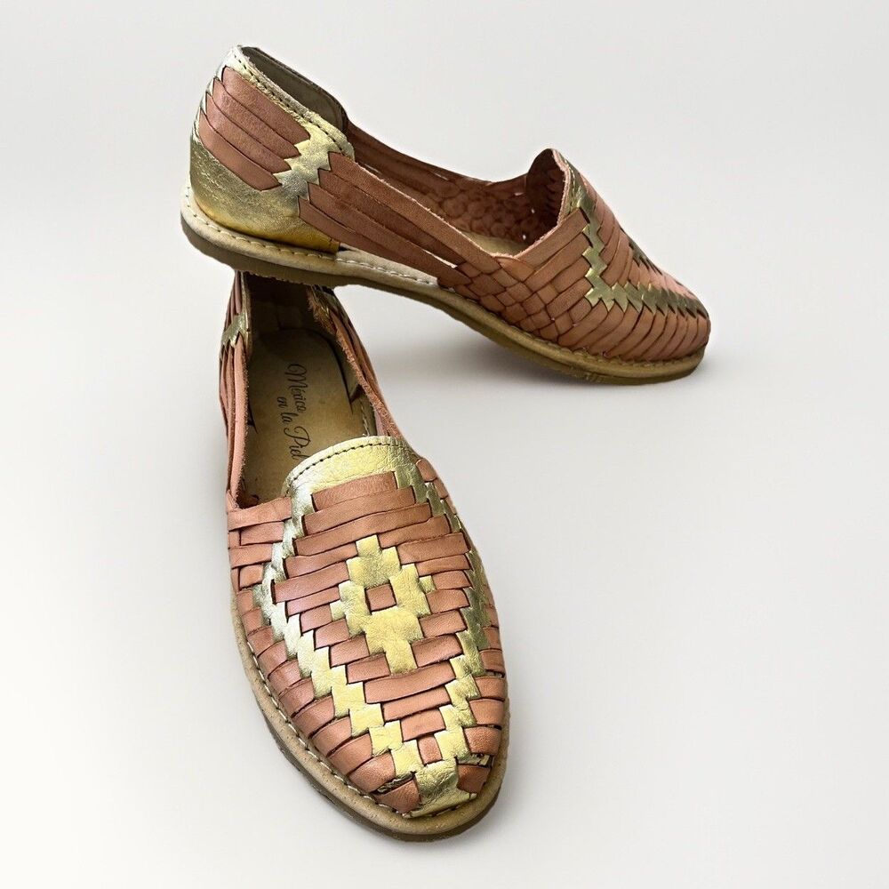 MEXICO EN LA PIEL Tan & Gold Woven Leather Huaraches Handmade Wom Shoes Sz 7 NEW